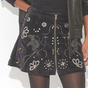 NWT Free People Quetzal Embellished Corduroy Mini Skirt Black Beaded Bird Sz 12